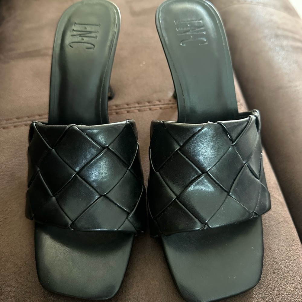 Black square toe slip on heels . INC 3 1/2 “